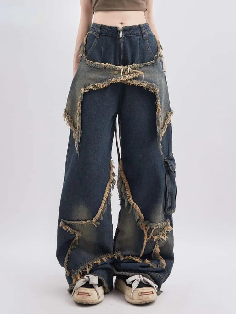 American Retro High Waist Oversized Jeans Pants For Women Casual Baggy Y2K Wide Leg Grunge Streetwear Patchwork Denim Trouser