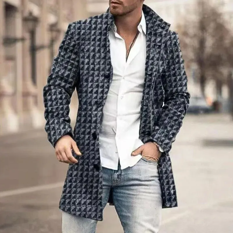 Fashion lapel collar red blue check printed woolen loose long coat hot sale