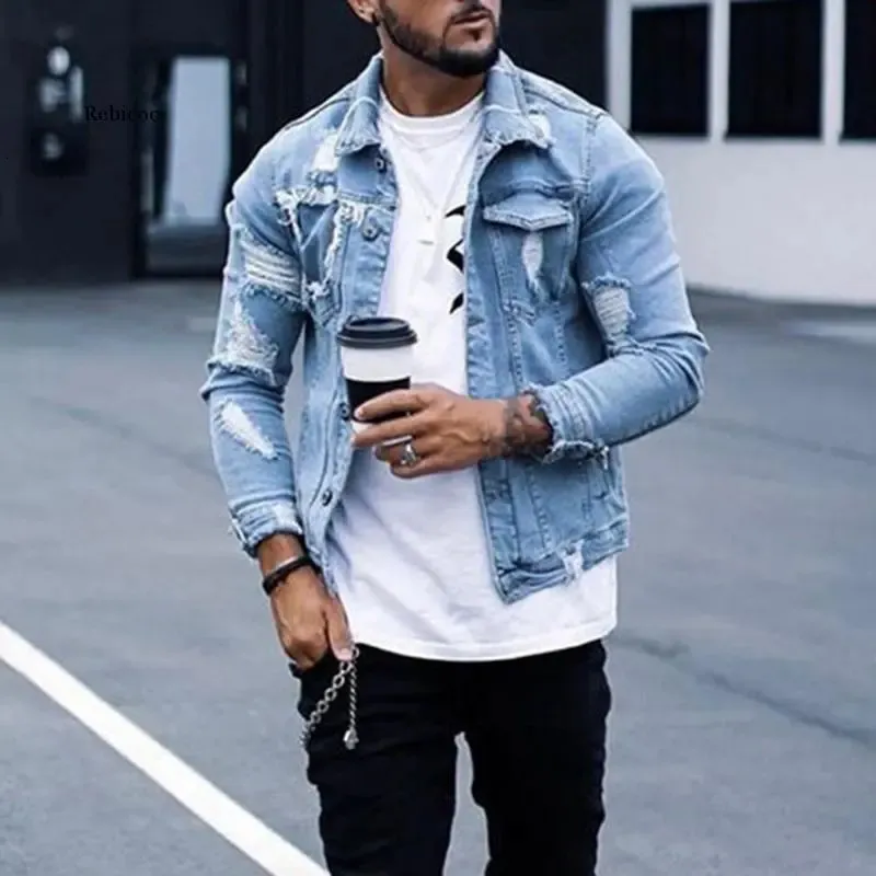 Vestes pour hommes Hommes Denim Veste Trou Ripped Hommes Manteau Moto Biker Hommes Jeans Veste Poches Chaquetas Hombre Washed Jeans Bomber Jacket 230927