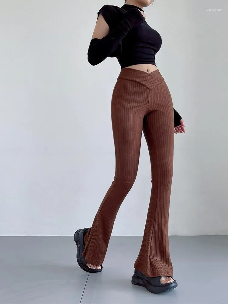 Pantalon femme fille épice taille croisée tricoté femmes serré élastique légèrement évasé pantalon décontracté coton rayure M337