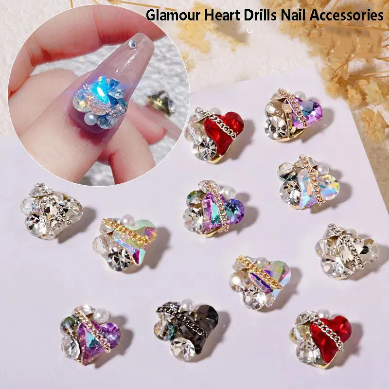 Nail Art Decorations 5 Pcs Jewelry Love Gems s Stereo Stacking Charm with Metal Chain Tip Accessories 230927