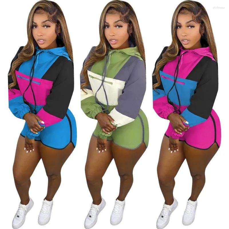 Женские спортивные костюмы, осенние лоскутные комплекты из 2 предметов с капюшоном, женский пуловер с капюшоном и длинными рукавами, топ и мини-байкерские шорты, повседневная одежда