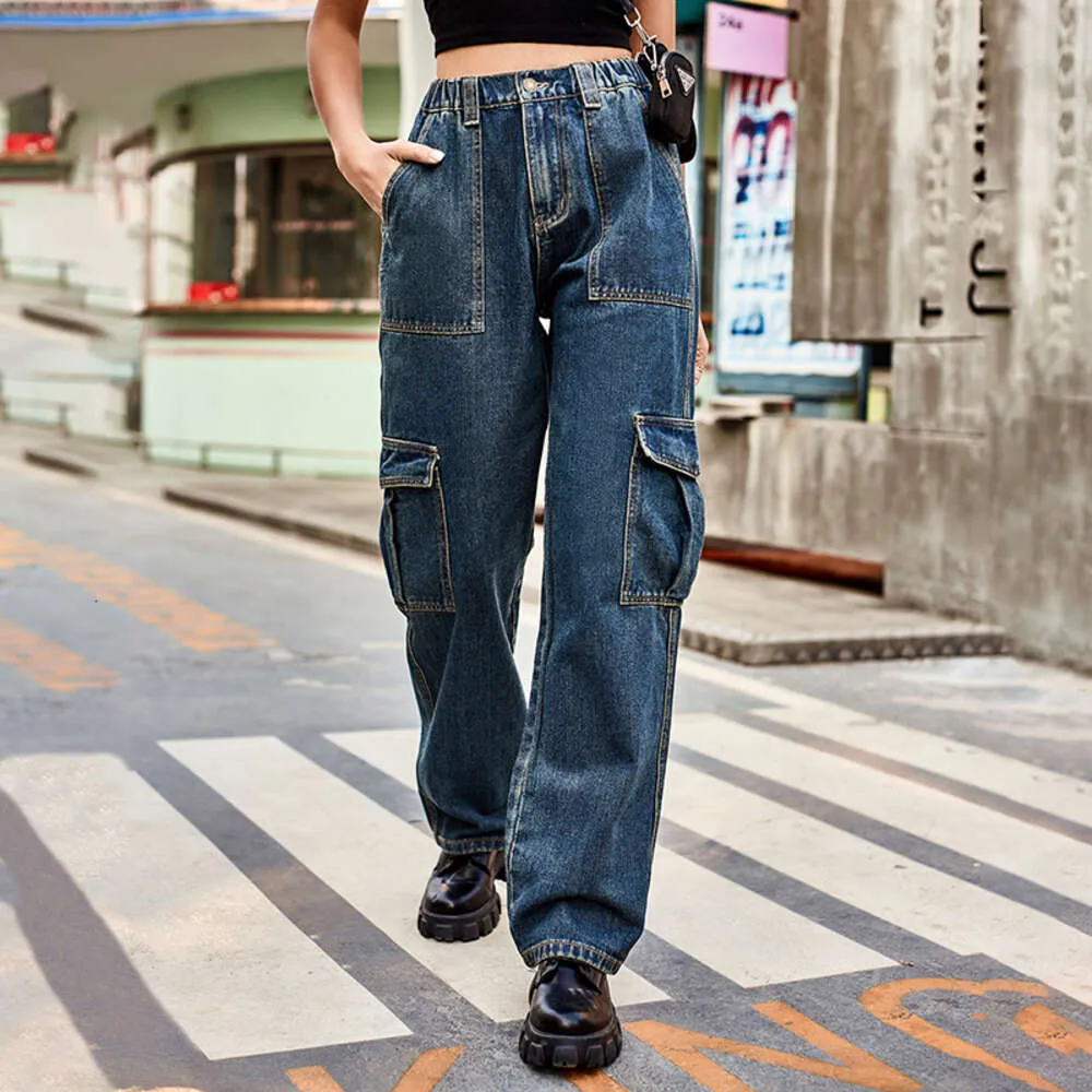 Pantaloni cargo da donna Y2K Jeans dritti larghi Moda Street Vita alta Multi tasche Pantaloni casual in denim blu da donna