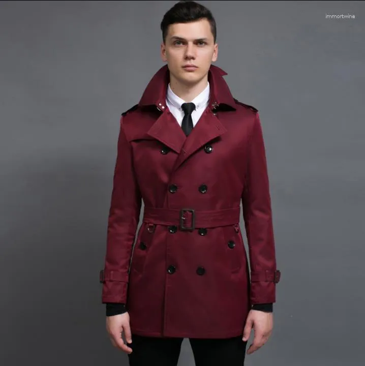 Casacos de Trench Masculinos Vermelho Outono Moda Médio-Longo Casaco Homens Sobretudo Manga Longa Mens Roupas Dupla Breasted Outerwear Casaco Masculino