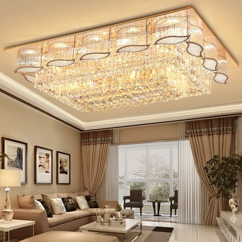 luxurious Hotel Living room Villa Rectangle 3 Brightness Gold K9 Crystal Ceiling light Chandelier Band LED Light bulb Remote control