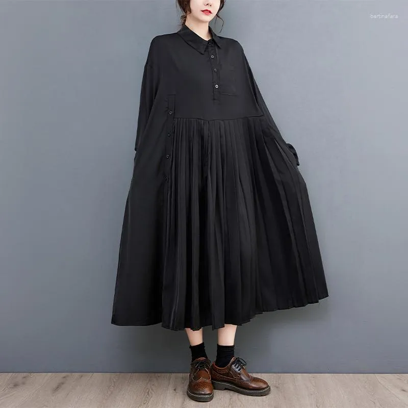 Casual Dresses Pleated Shirt For Women Long Sleeve Stand Collar Loose Large Size Vintage Dress Fashion Elegant Clothing Spring Autumn