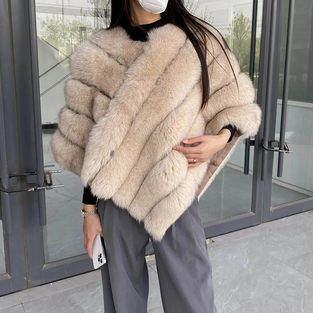 Women's Fur Faux Fur Style Women Real Fur Shawl Fluffy Fur Cape Natural Fur Poncho Fur Lady Scarf Wrap Coat Shawl Wedding Party Clothing 230927