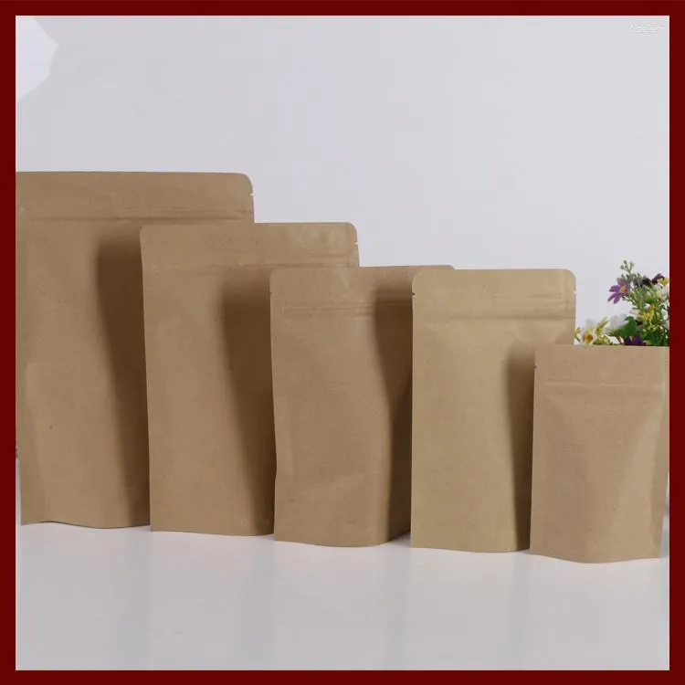 Smyckespåsar 500 st/parti 17x24 4 Brown Kraft Paper Bag Inget fönster Stå upp blixtlås/zip -låsförpackningar för gåvor/te