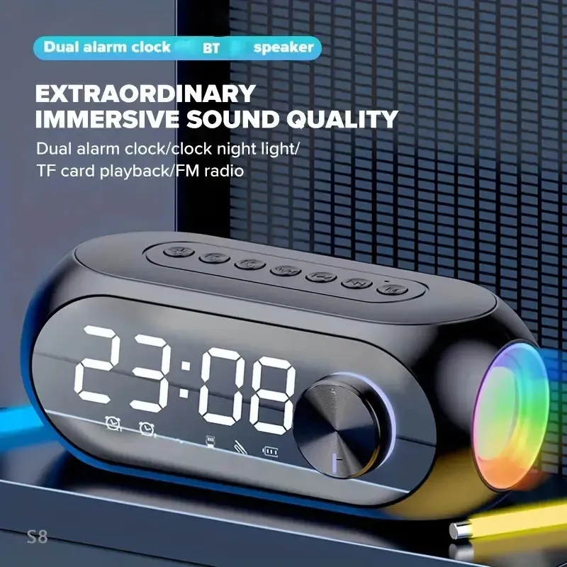 Bureautafelklokken S8 Draadloze Bluetooth-server HD LED-display Multifunctioneel Stereo Bass S ers Wekker FM-radio TF-kaart Aux Muziek afspelen 230928