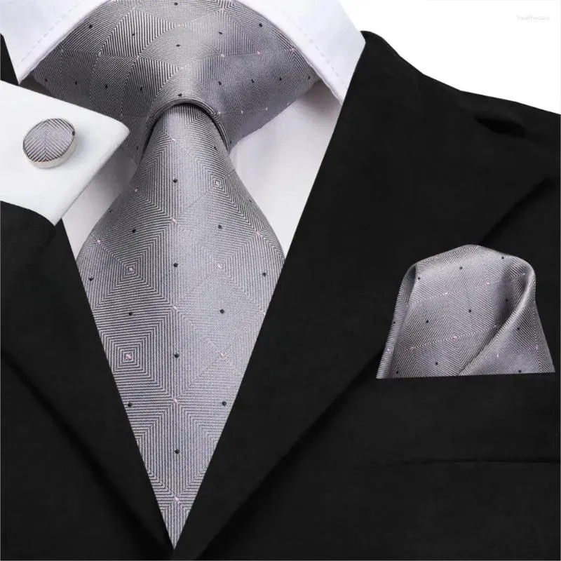 Näsdukar SN-3173 Hi-Tie Gray Sliver Slips Silk Woven 8.5cm bred 2023 Plaid Luxury Ties Men Formal Wedding Suit Cufflinks Set