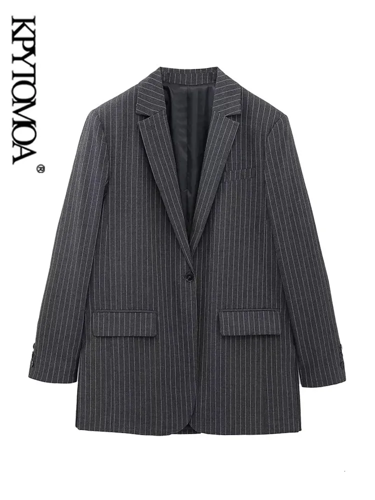 Womens Wool Blends KPYTOMOA Women Fashion Front Button Pinstripe Blazer Coat Vintage Long Sleeve Flap Pockets Female Outerwear Chic Vestes Femmes 230927