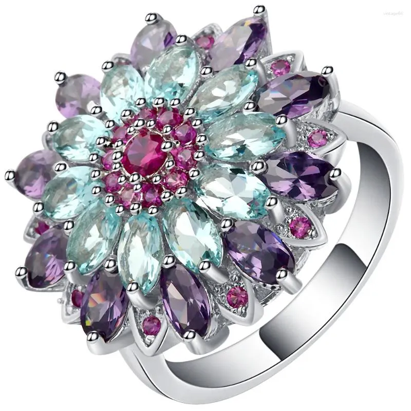 Wedding Rings Beautiful Cubic Zirconia Colorful Flower Female White Gold Filled Jewelry Unique For Women Bijoux Femme