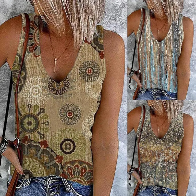 Kvinnors tankar Kvinnor V-ringning ärmlös Boho Tank Vest Tops Ladies Summer Holiday Casure Cami Cami