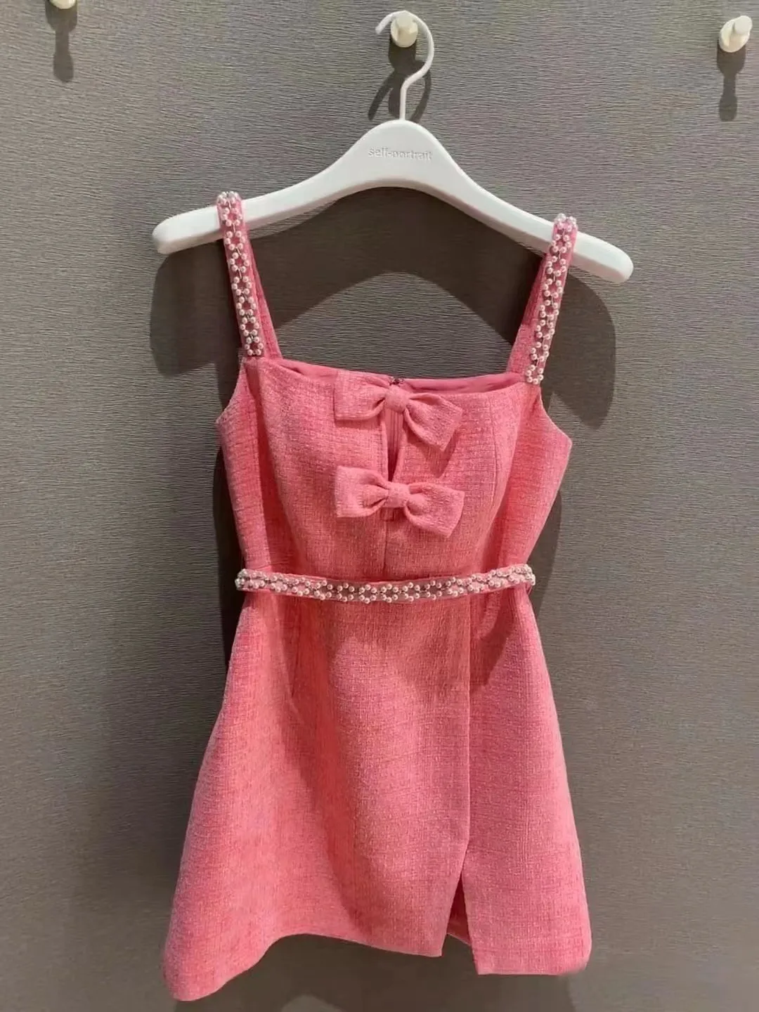 open lace back dress Pink Sequin Boucle Bow Mini Dress – self-portrait-US main image 1