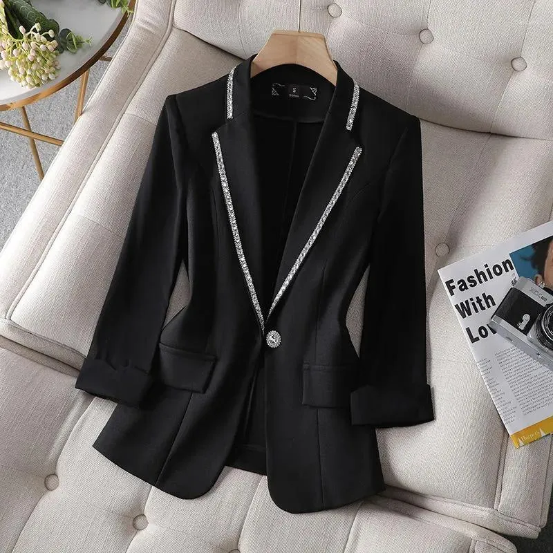 Women's Suits Autumn Women Blazer Solid Fashion Diamond Studded Suit Cropped Jacket Casual Korean Simple Design Long Sleeve Single Button