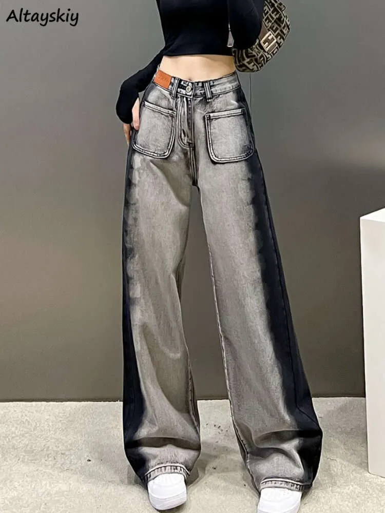 Side Stripe Jeans Women Gray-black Vintage Loose Streetwear Straight BF Popular Daily Office Ladies Korean Style All-match New