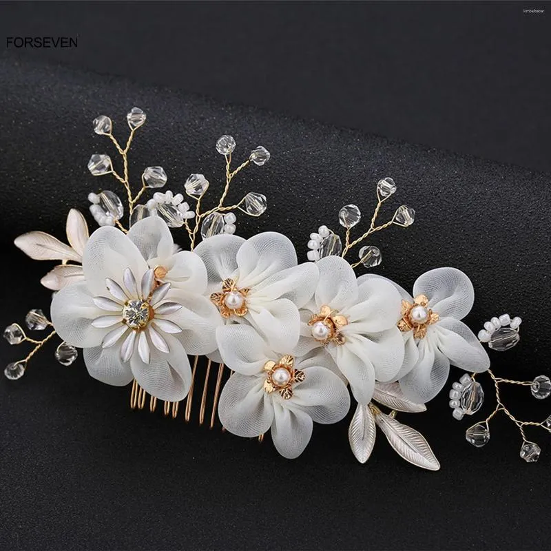 Hair Clips White Silk Flower Combs For Bride Wedding Accessories Artificial Pearl Headpiece Shiny Crystal Headdress Jewelry