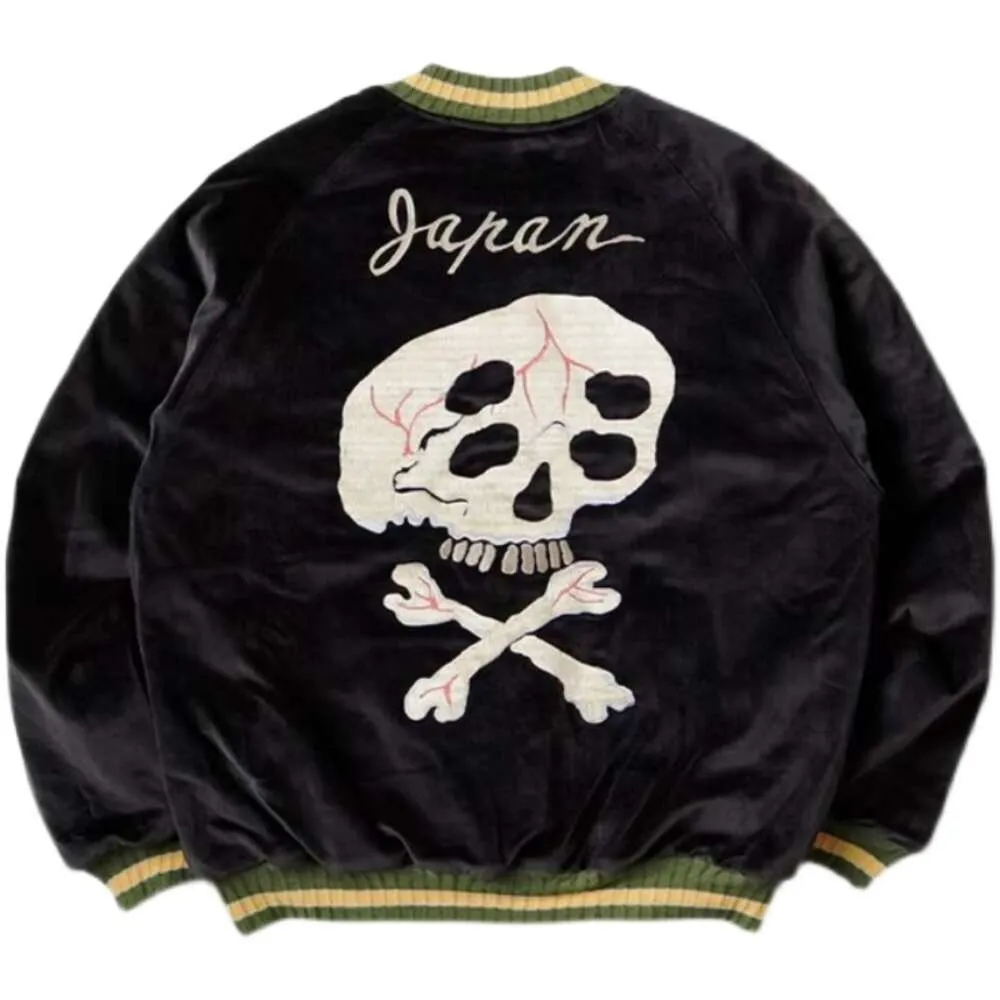 Men's Jackets 2023 Winter Japanese Velvet Cotton Vulcanized Bizhen Yokosuka Skull Embroidery Casual Loose Fit Warm Coat