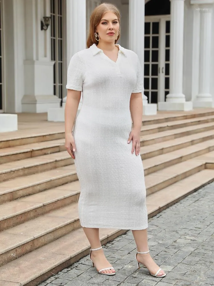 Sukienki w rozmiarze plus biała szyja dla kobiet osłona Odkręć kołnierz krótkie rękawy Bodycon Midi Long Evening Prom Outfits 2023