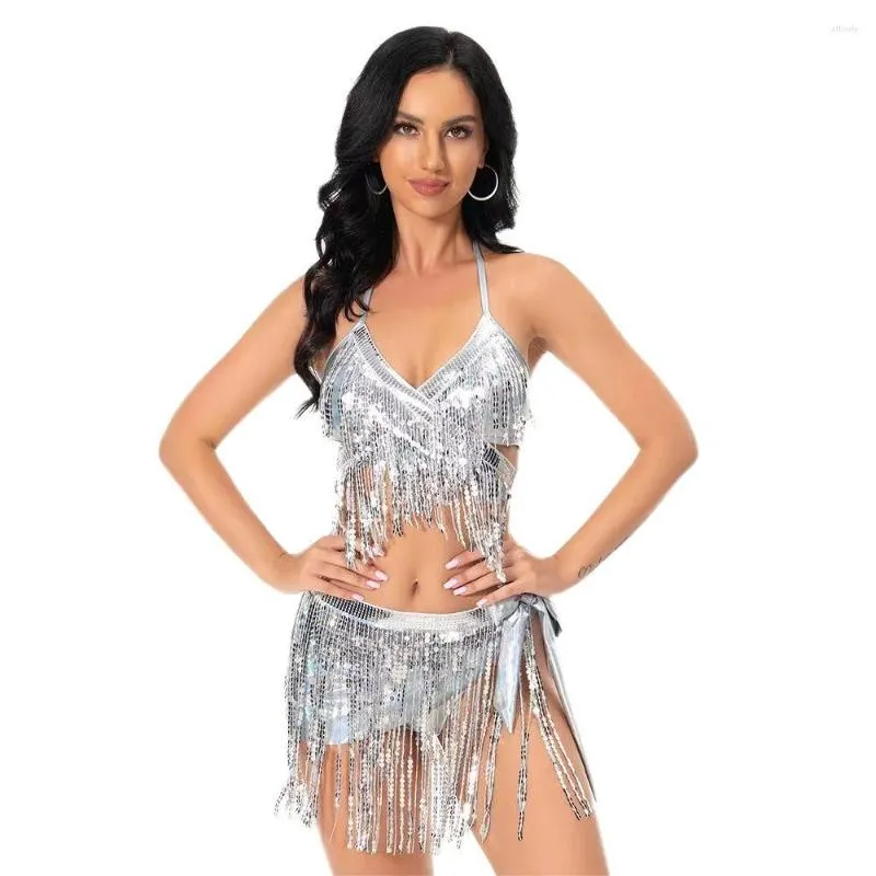 Scenkläder 2023 Jazz Belly Dance Apparel Split Swimewear Three Piece Set Women's Silver Shiny Fabric Sexig Tassel Short Kjol Bikini