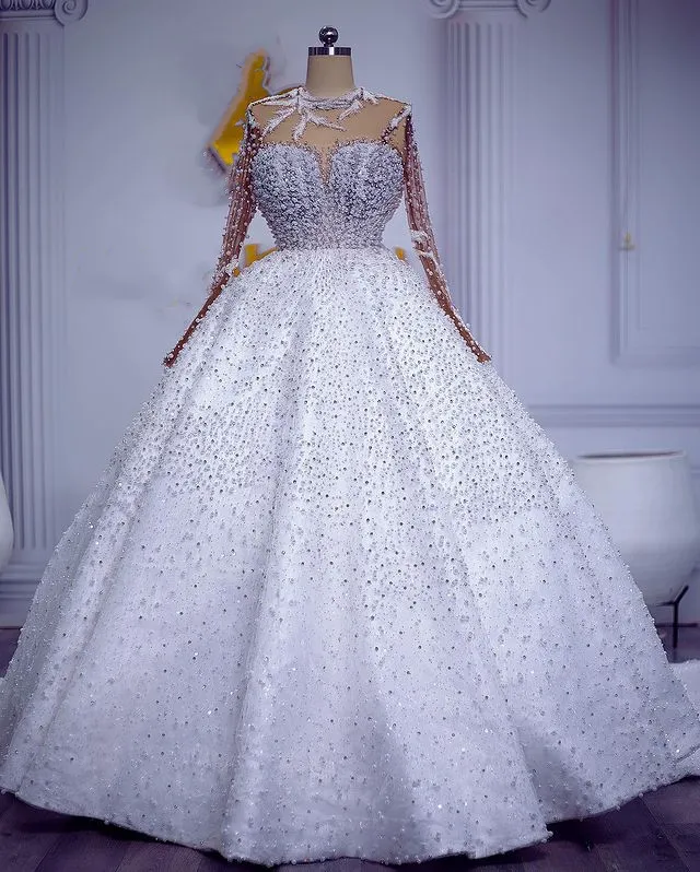 Arabo Ebi Oct Aso Plus Size Lussuoso abito da sposa bianco Perle Abito da ballo con perline Abiti da sposa Abiti ZJ s es