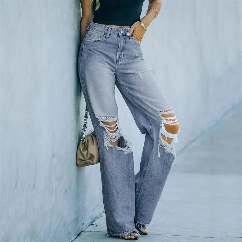 Women's Jeans Streetwear Long Pants Denim Pant Women Button High Waist Pocket Elastic Hole Trousers Slim