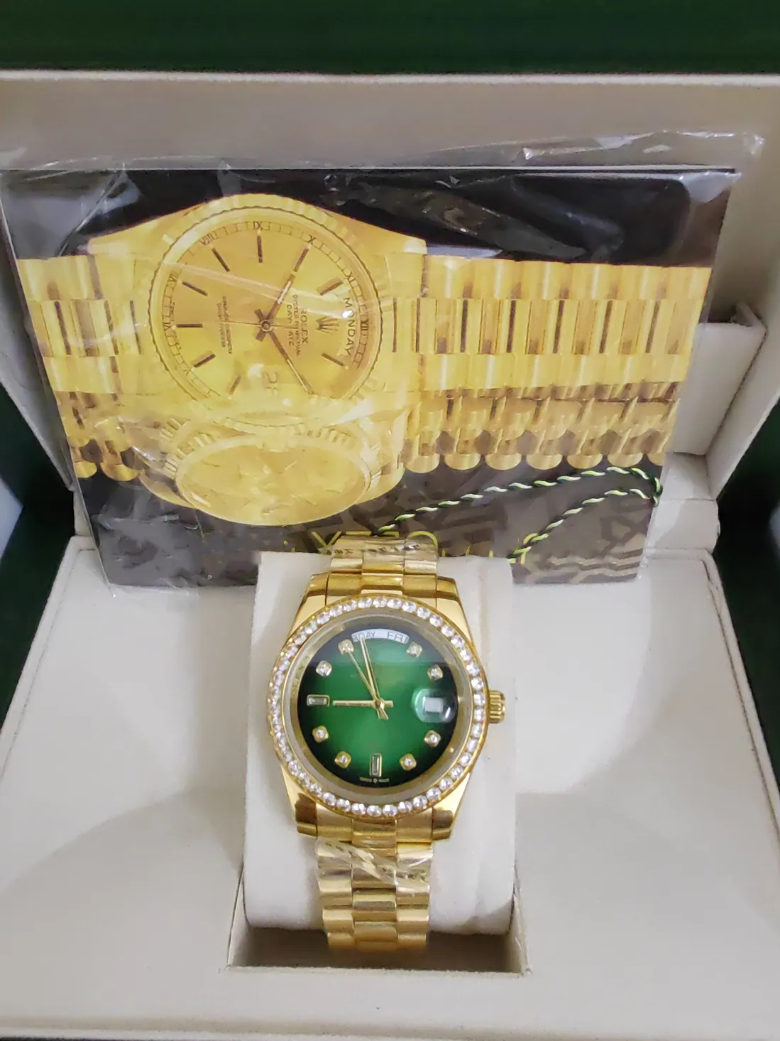 With original boxLuxury Fashion WATCHES Top Quality 18k Yellow Gold green Diamond Dial & Bezel 18038 Watch Automatic Men's Watch Wristwatch 2023