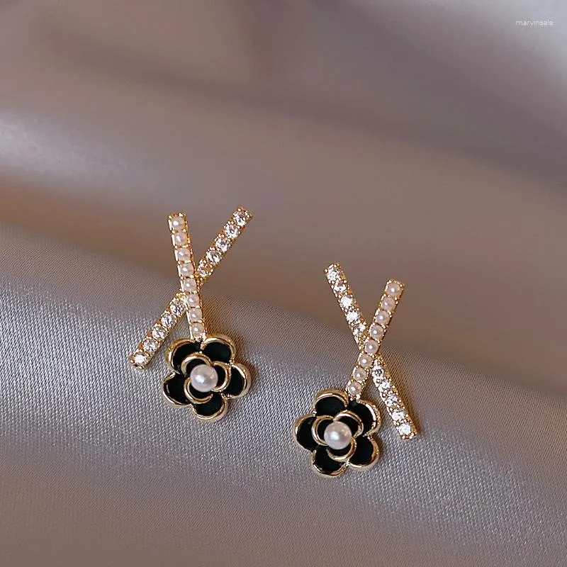 Boucles d'oreilles mode croix camélia goutte boucle d'oreille fleur noire bijoux à la mode marque Design strass Dangler pendentif femmes cadeau
