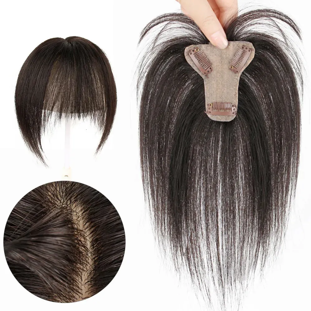 Lace S 7cmx8cm Human Hair Toppers for Women Clip w Topper z 3D Air Bangs Hairpieces do łagodnej objętości straty Grey 230928