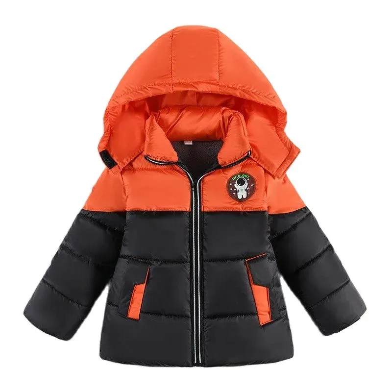 Пуховое пальто 26 лет, зимняя куртка, толстая теплая лоскутная куртка на молнии с капюшоном для мальчиков, верхняя одежда для младенцев, детская осенняя повседневная одежда 230928