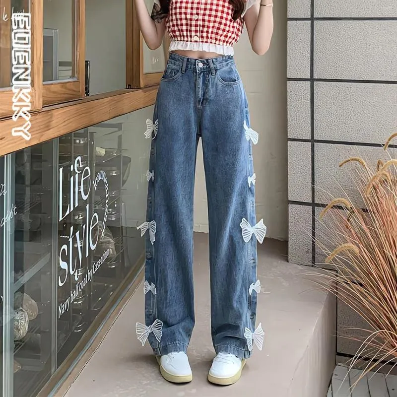 Kvinnors jeans kawaii casual kvinnor söt hög midja spets bow lossa raka denim byxor y2k koreanska mode streetwear breda benbyxor
