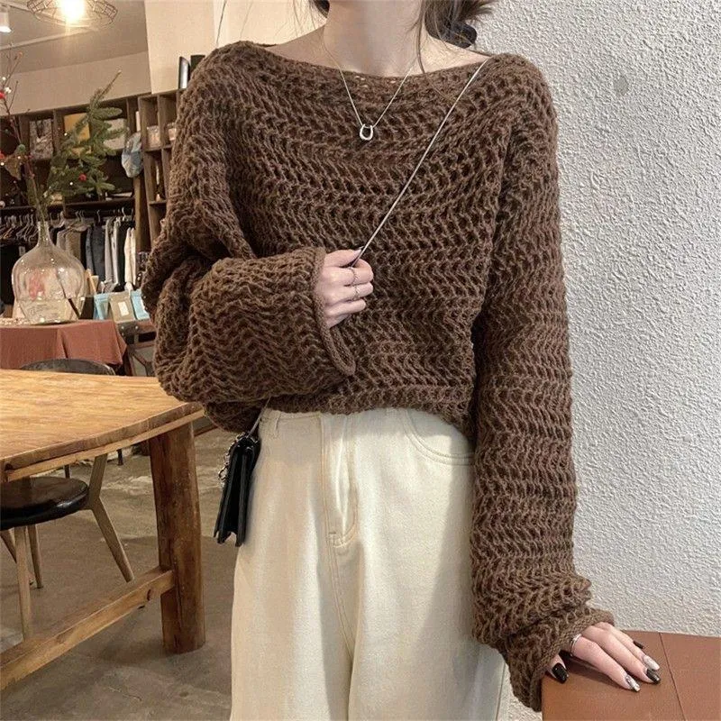 Kadın Sweaters 2023 İlkbahar ve Sonbahar Bir Çizgi Boyun Parlaması Kollu İçi Boş Örgü Külot Sıkış Slim Sweater