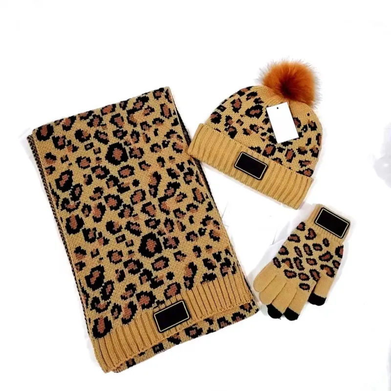 Ensemble Hiver 3 En 1 Femme - Bonnet, écharpe Et Gants Tricotés Motif Léopard, Doublure Polaire, Pompon