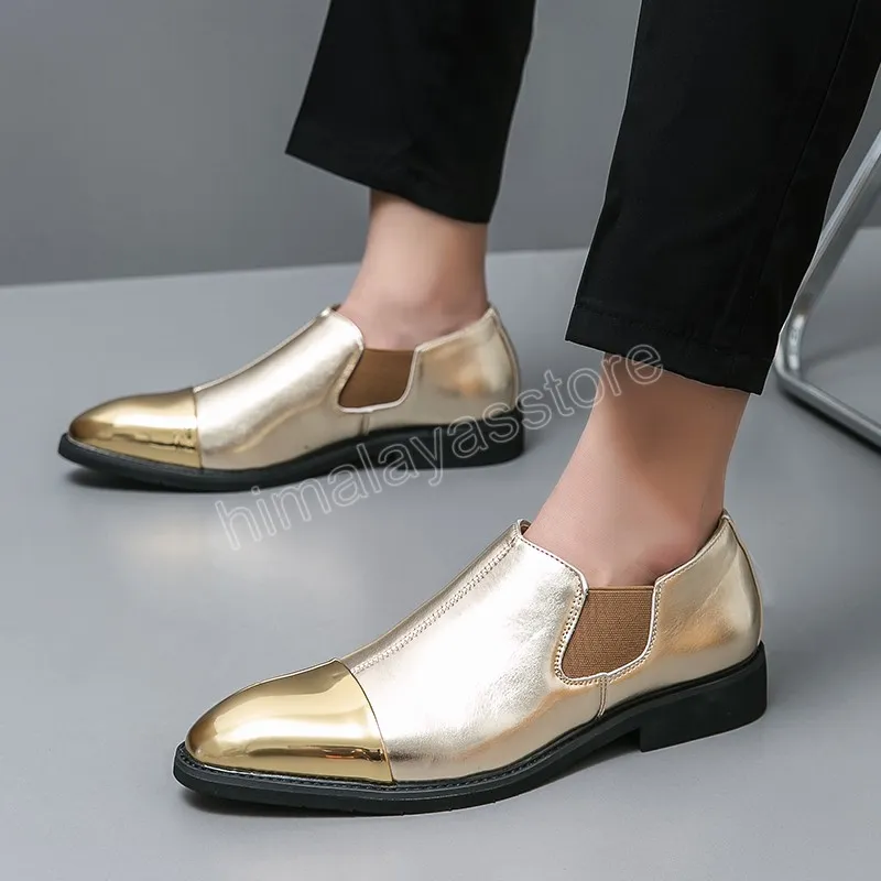 Club-Schuhe für Herren, spitze Zehen, Leder, klassische Herrenschuhe, Hochzeit, Büro, neue goldene Slip-on-Loafer für Herren