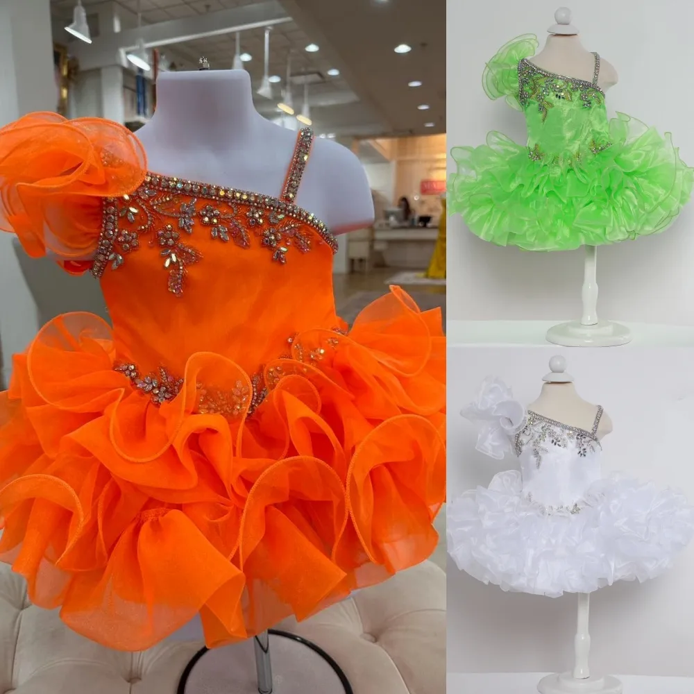 Cupcake Baby Girl Pageant Dress 2024 Ruffle Manga Cristais Glitz Little Kid Aniversário Formal Cocktail Party Vestido Infantil Criança Tiny Young Miss Neon Orange Kiwi