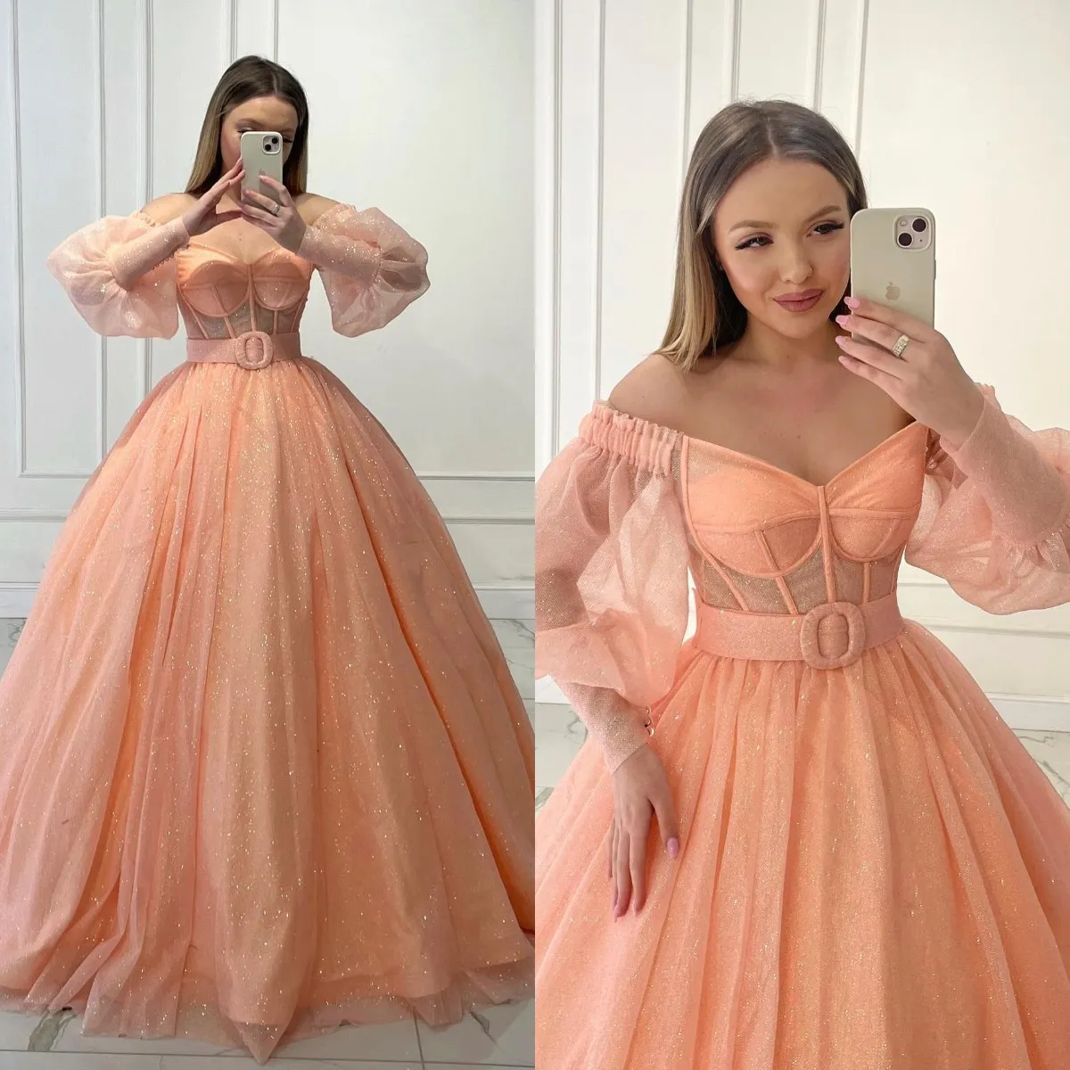 Light Orange A Line Prom Dresses Glitter Off Shoulder Sequins Evening Dress Long Sleeves Formal Long Special Occasion Party dress