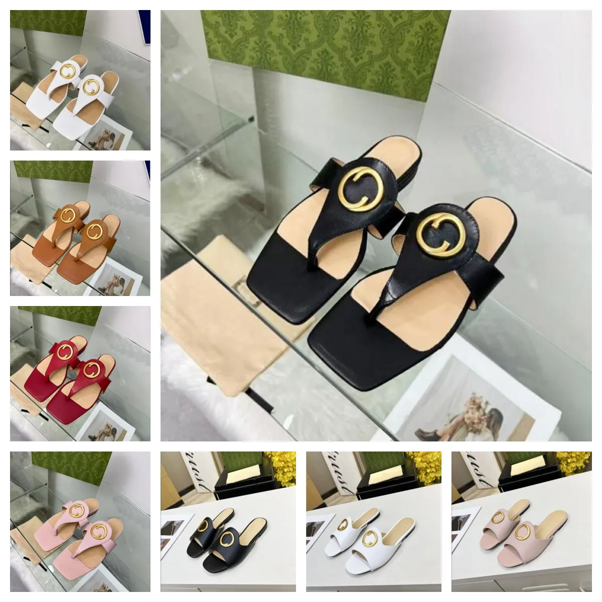 2023 Designer Fashion Round Interlocking Leather Women's Sandals Summer Flats Fashion Beach Women's Slippers 35-43with Box