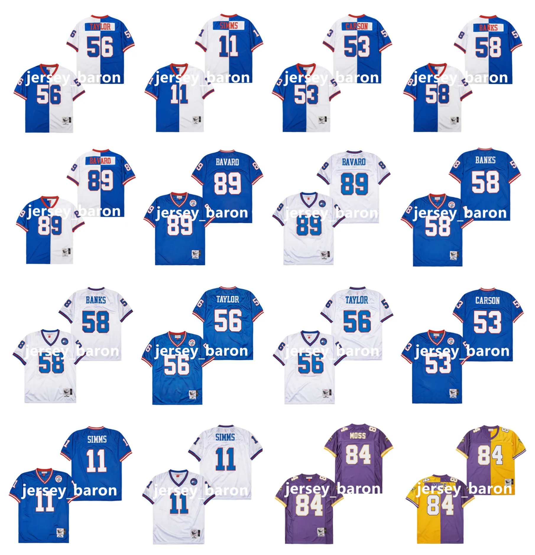 56 Lawrence Taylor Throwback Giantss Football Jersey 84 Randy Moss 89 Mark Bavaro 11 Phil Simms 53 Harry Carson Blue White Taille M-xxxl