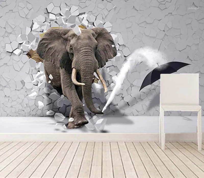 Wallpapers personalizado 3d murais estourar através das paredes do elefante papel de parede sala de estar sofá tv parede crianças quarto papel de parede