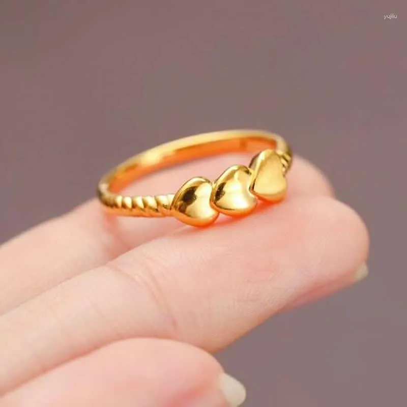 Klusterringar Pure 24k Yellow Gold Ring 999 Hjärtband för kvinnor
