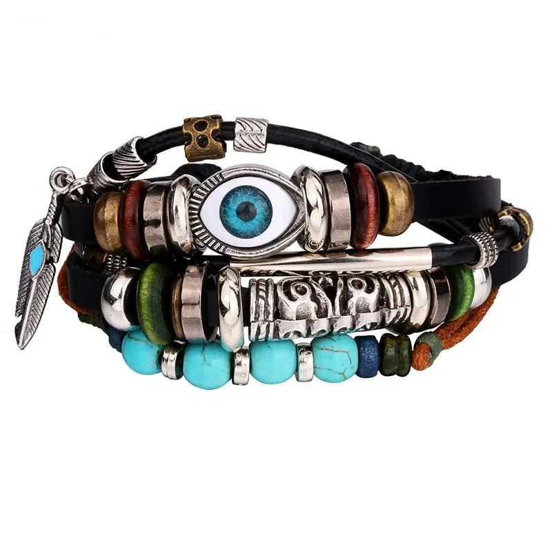 Braccialetti con ciondoli Evil Eye Bracciale con perline in pelle intrecciata multistrato Bracciale con perline turchesi per gioielli di moda da uomo