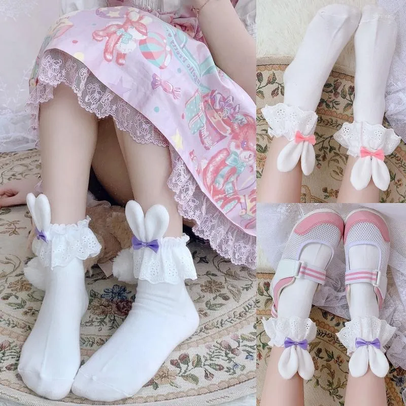 Damensocken, kurze Knöchel, Harajuku, 3D-Plüschohren, Mini-Schleife, gekräuselte Spitzenbesatz, Prinzessinnen-Strumpfwaren