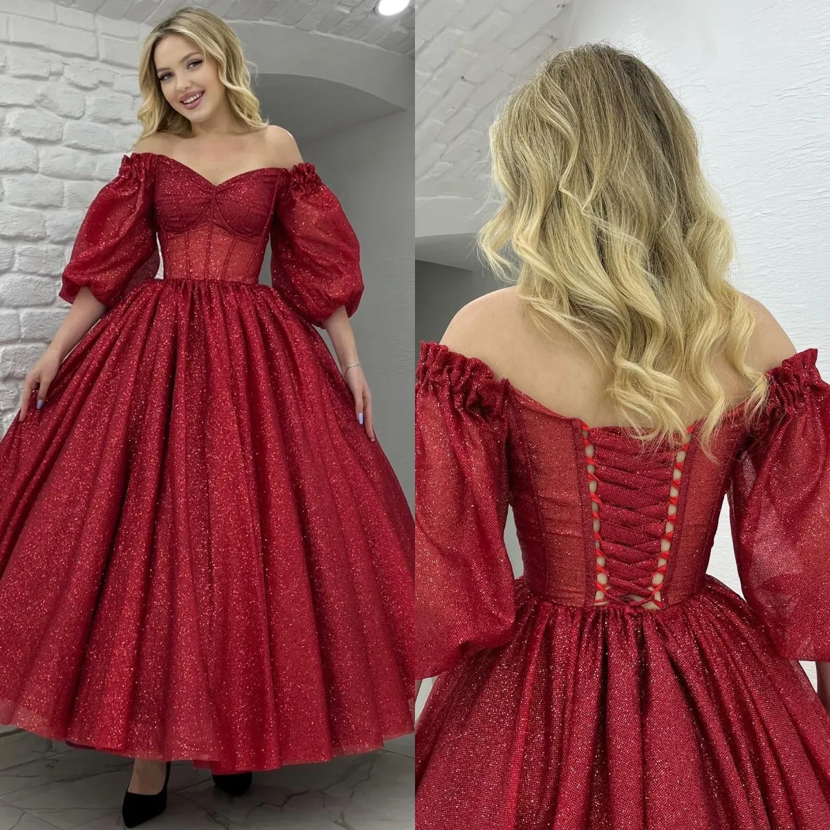 Sexy Red Prom Dresses Glitter Off Shoulder Half Sleeves Evening Dress Pleats Formal Long Special Occasion Party dress