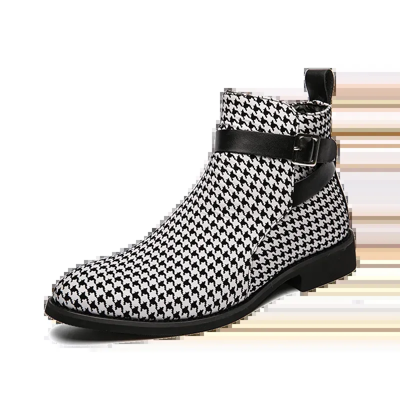 Botas homens tornozelo houndstooth vestido sapatos negócios couro fivela cinta plana apontou toe masculino casual nightclub festa 230928