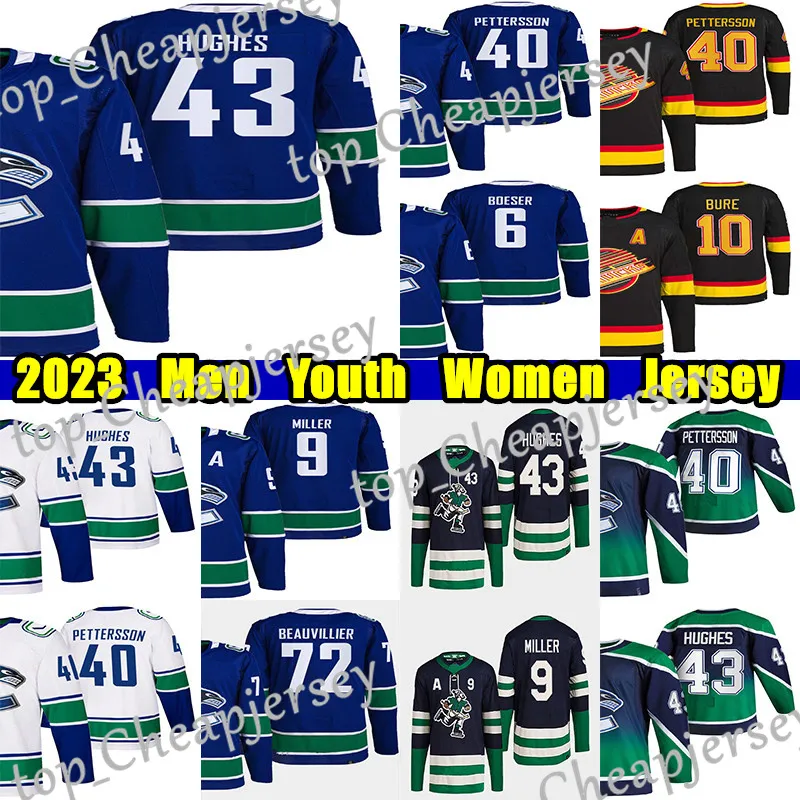 # 43 Quinn Hughes Maillot de hockey rétro inversé # 40 Elias Pettersson Brock Boeser Thatcher Demko Nils Aman Alexander Mogilny Trevor Linden J.T. Maillots Miller Pavel Bure