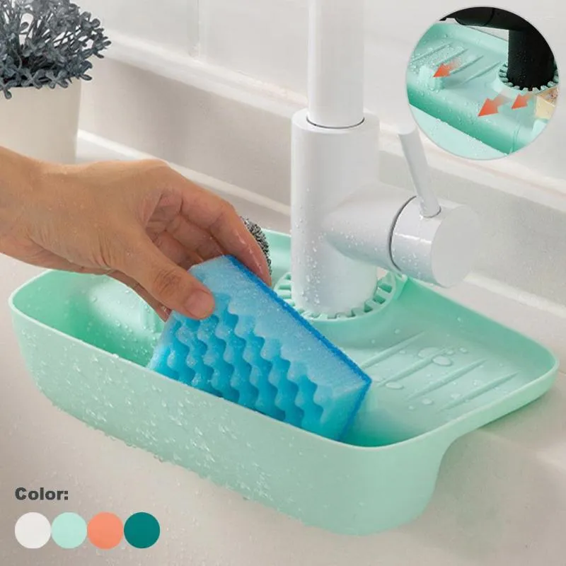 Stoccaggio da cucina Tappetino per rubinetto in silicone Paraspruzzi Lavello con supporto per spugna Caddy Catcher Scarico da appoggio per bagno