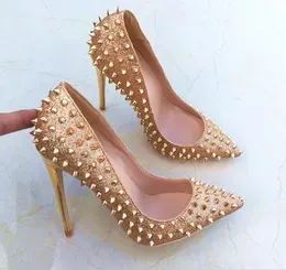 2020 high-quality leather red-soled shoes in sizes 35 to 40 golden studded fringed high heels leather pointed stiletto heels255z