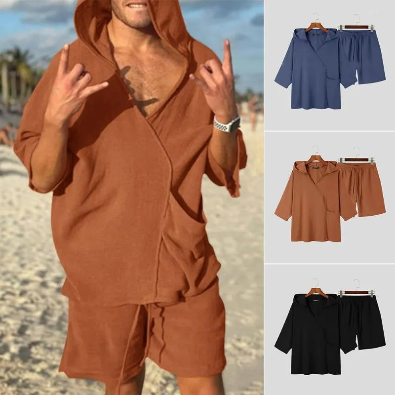 Men's Sleepwear Men Sets Solid Streetwear 2023 Hooded Half Sleeve T Shirt & Drawstring Shorts 2PCS Retro Loose Casual Suits S-5XL