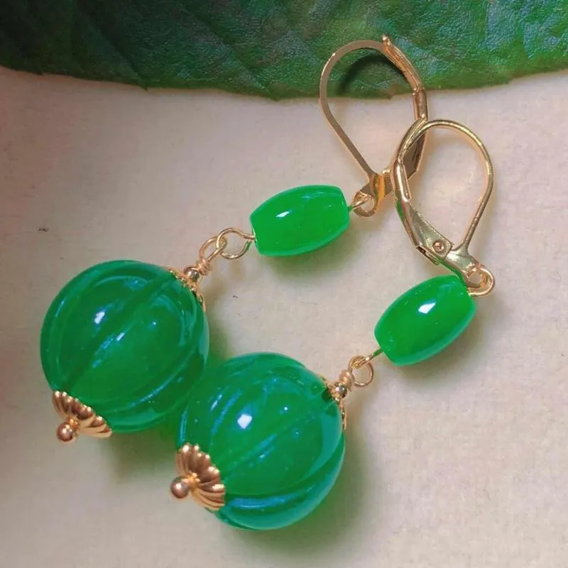 Dangle Earrings Fashion Natural Green Jade Pumpkin Beads Beads Gold Women Year عيد الشكر هدايا العطلات الكلاسيكية