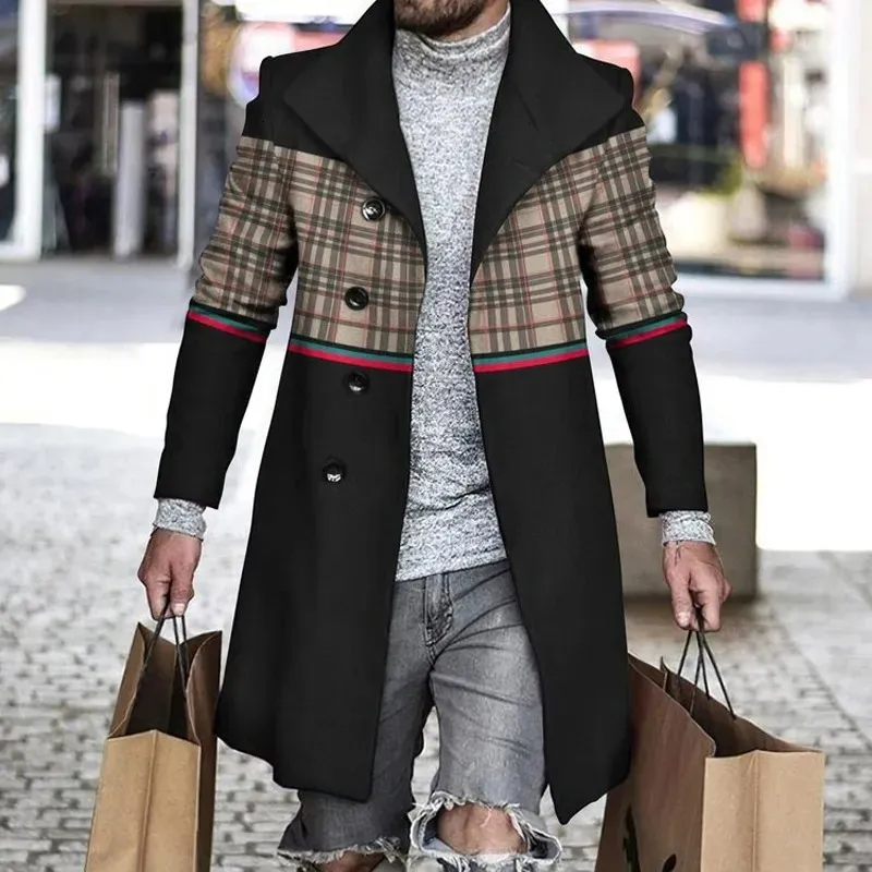 Mens Wool Blends Print Splicing Woolen Coat Men Casual Turndown Collar Button Jacket Autumn Winter Pocket Long Windbreaker Man 230928 From 72 18 DHgate